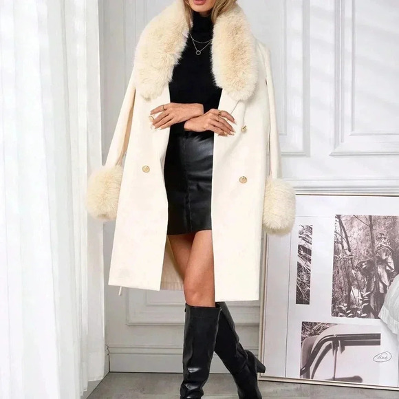 Apricot Elegant Women's Long Sleeve Double Breasted Long Wool Coat - Picture 5 of 7